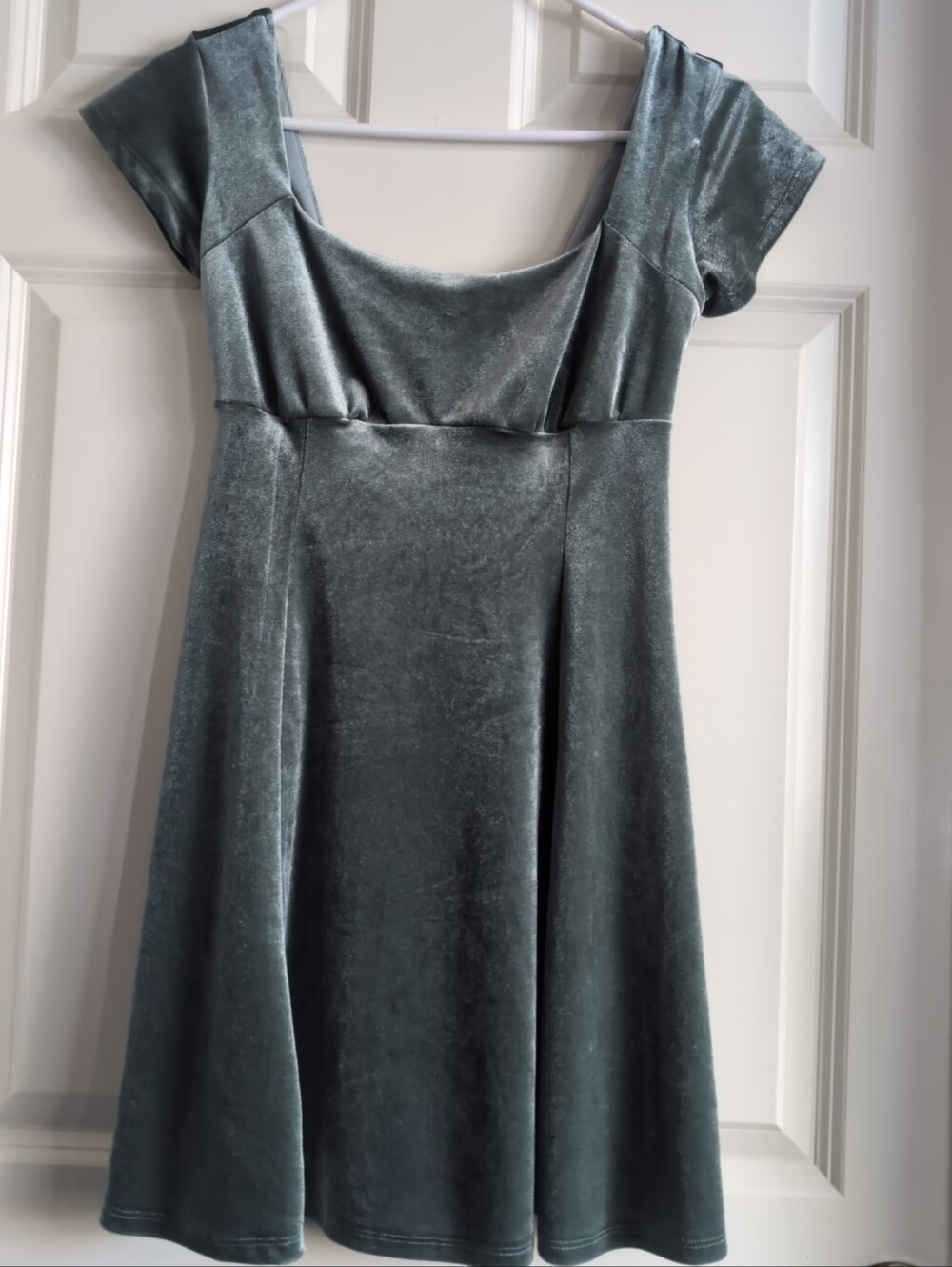 Sage mint poly velvet babydoll mini dress smocked bodice cap sleeves square neck